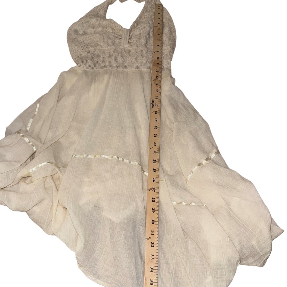 True Vintage 1970s Ivory Boho Halter Dress Crochet Lace Smocked Waist Prairie - Picture 8 of 12